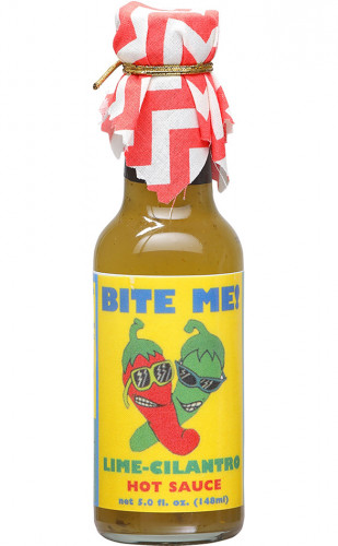 Bite Me Lime-Cilantro Hot Sauce With Colorful Cloth Topper - 5 Ounce Bottle